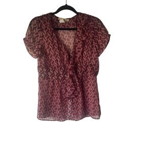 Hip To Hip Y2k Large Red Pink‎ Sheer Ruffle Button Retro Blouse